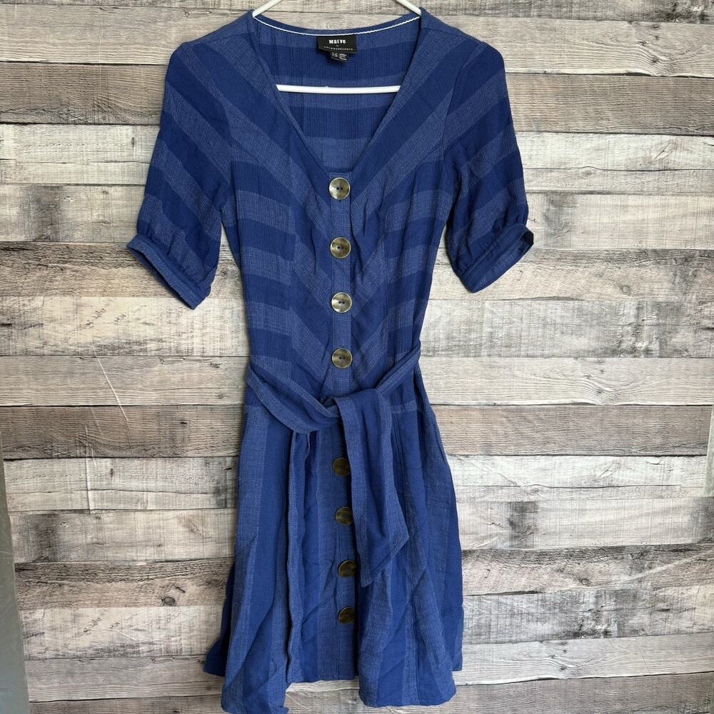 Maeve Anthropologie Blue Tonal Striped Button Down Dress V-Neck Belted OOP